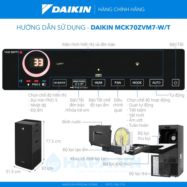 Máy Lọc Không Khí Tạo Ẩm DAIKIN MCK70ZVM7-T/W Diện tích dưới 48m²