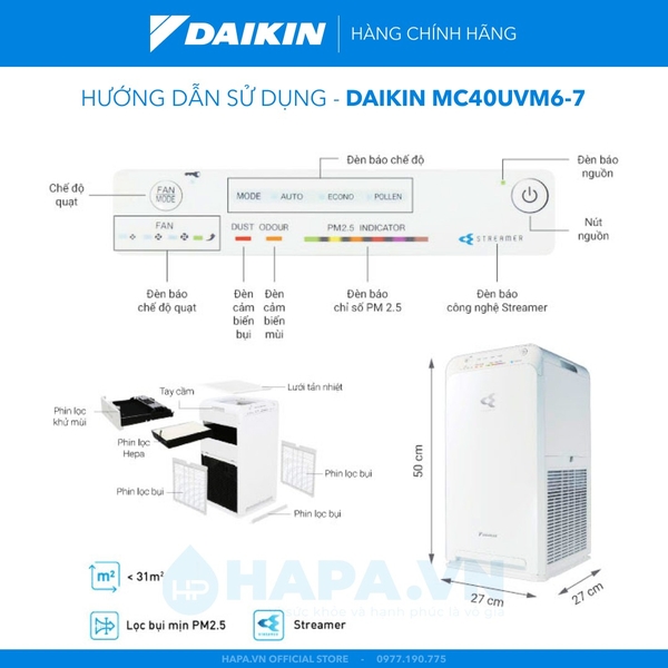 Máy Lọc Không Khí DAIKIN MC40UVM6-7 Công nghệ STREAMER, Dưới 31m²