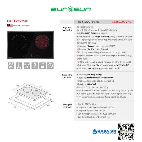 Bếp Điện Từ Eurosun EU-TE259MAX 2 Vùng Nấu - Nhập Khẩu Malaysia
