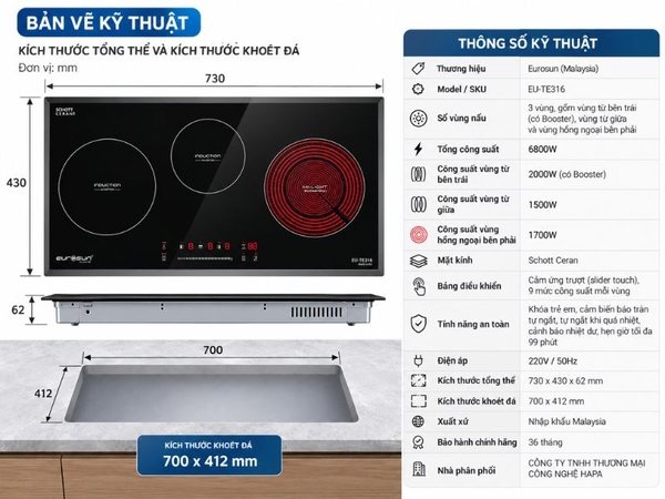Bếp Điện Từ EUROSUN EU-TE316 3 Vùng Nấu - Nhập Khẩu Malaysia