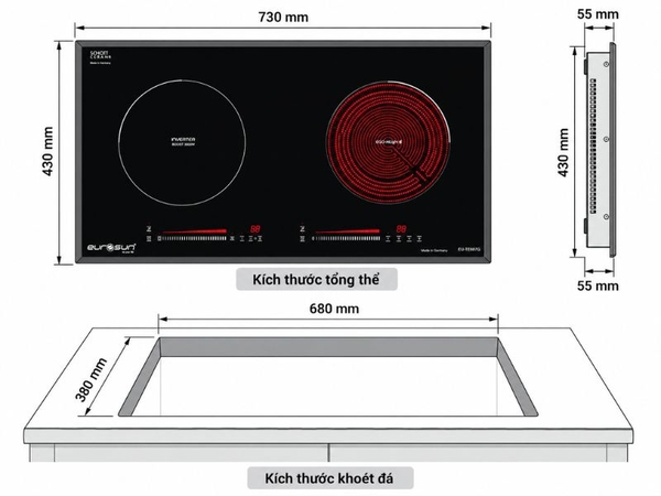 Bếp Điện Từ Eurosun EU-TE887G 2 Vùng Nấu - Nhập Khẩu CHLB Đức