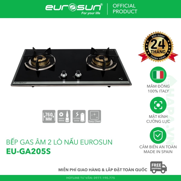Bếp Gas EUROSUN EU-GA205S Cao Cấp 2 Vùng Nấu, 100% Đồng ITALY