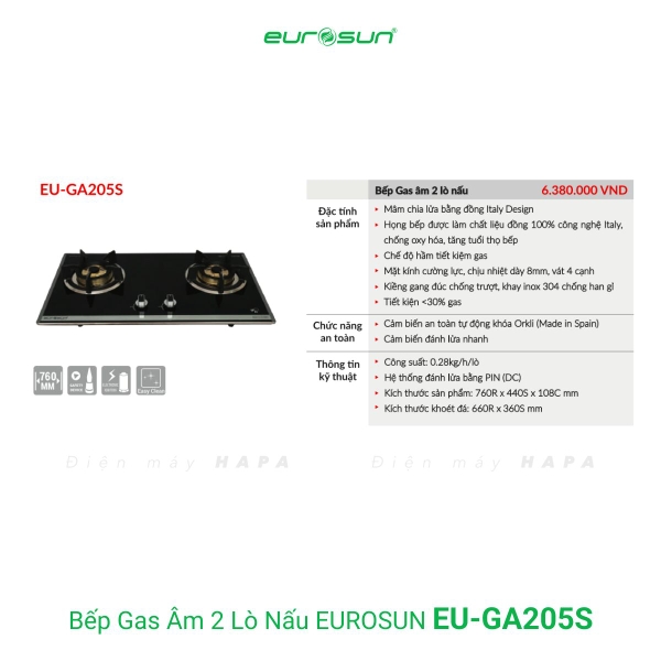 Bếp Gas EUROSUN EU-GA205S Cao Cấp 2 Vùng Nấu, 100% Đồng ITALY