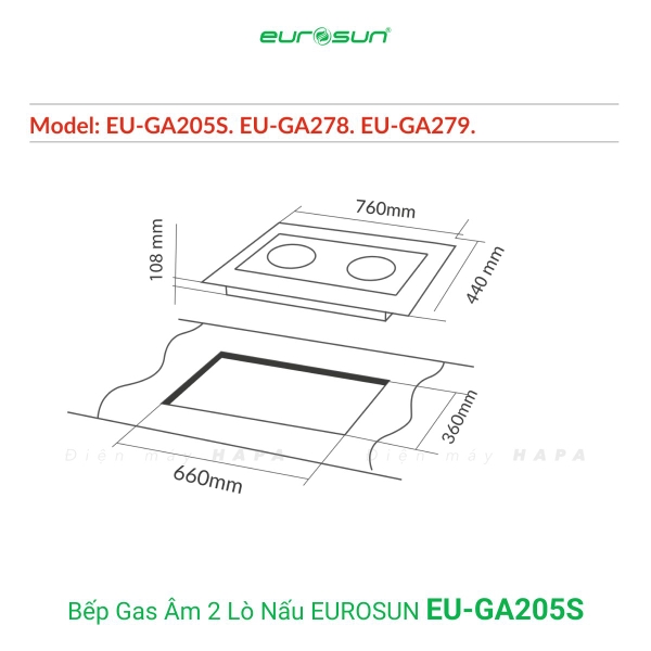 Bếp Gas EUROSUN EU-GA205S Cao Cấp 2 Vùng Nấu, 100% Đồng ITALY