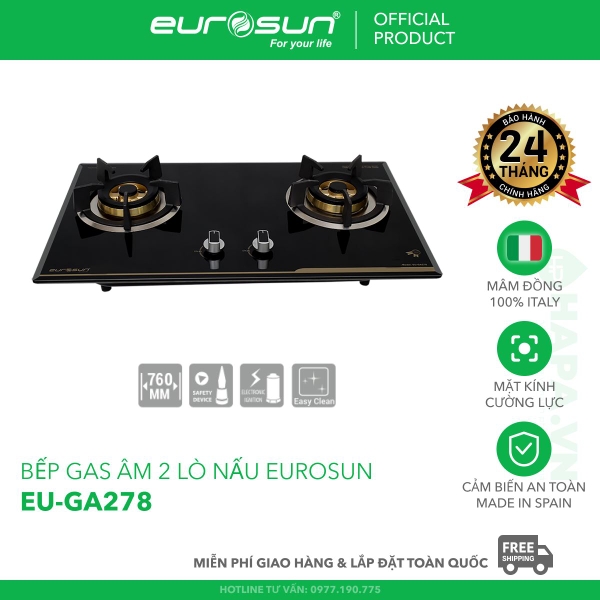 Bếp Gas EUROSUN EU-GA278 Cao Cấp 2 Vùng Nấu, 100% Đồng ITALY