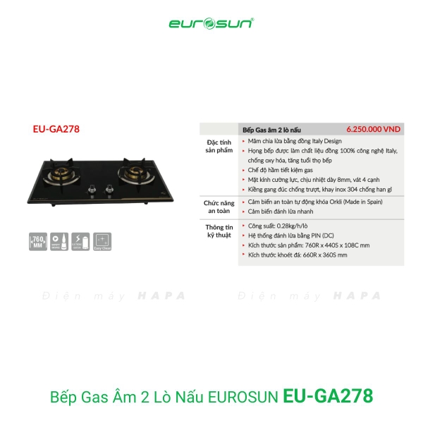 Bếp Gas EUROSUN EU-GA278 Cao Cấp 2 Vùng Nấu, 100% Đồng ITALY