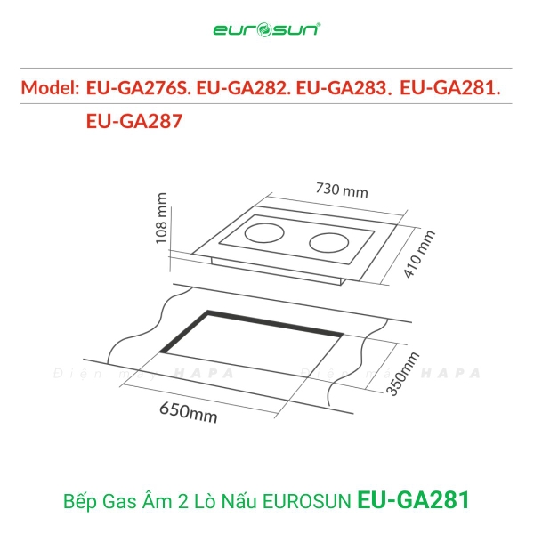 Bếp Gas EUROSUN EU-GA281 Cao Cấp 2 Vùng Nấu, 100% Đồng ITALY