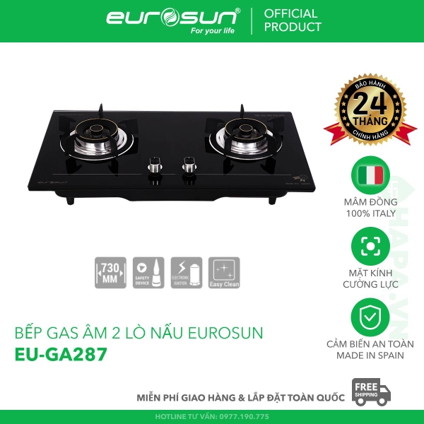 Bếp Gas EUROSUN EU-GA287 Cao Cấp 2 Vùng Nấu, 100% Đồng ITALY