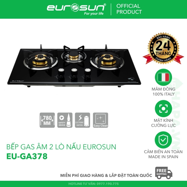 Bếp Gas EUROSUN EU-GA378 Cao Cấp 3 Vùng Nấu, 100% Đồng ITALY