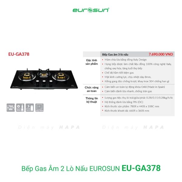 Bếp Gas EUROSUN EU-GA378 Cao Cấp 3 Vùng Nấu, 100% Đồng ITALY