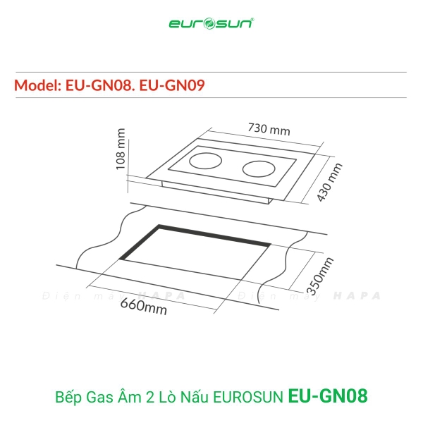 Bếp Gas Hồng Ngoại EUROSUN EU-GN08 Cao Cấp 2 Vùng Nấu, 100% Đồng ITALY