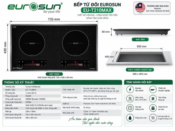 Bếp Từ Eurosun EU-T210MAX 2 Vùng Nấu - Nhập Khẩu Malaysia