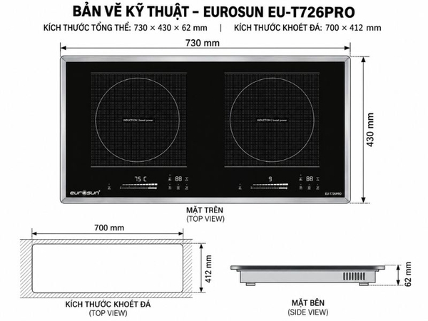 Bếp Từ EUROSUN EU-T726PRO 2 Vùng Nấu - Nhập Khẩu Malaysia