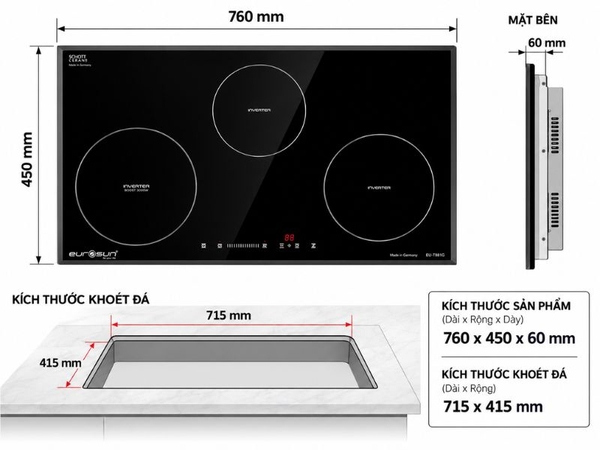 Bếp Từ Eurosun EU-T881G 3 Vùng Nấu - Nhập Khẩu CHLB Đức