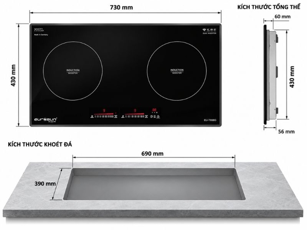 Bếp Từ Eurosun EU-T898G 2 Vùng Nấu - Nhập Khẩu CHLB Đức