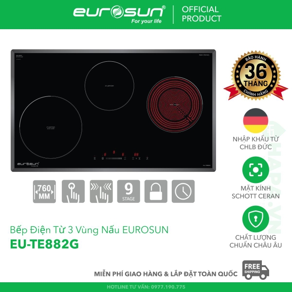 Bếp Điện Từ Eurosun EU-TE882G 3 Vùng Nấu - Nhập Khẩu CHLB Đức