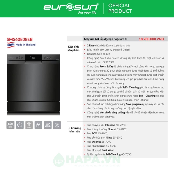 Máy Rửa Chén EUROSUN SMS60E08EB 10 Bộ - Nhập Khẩu Malaysia