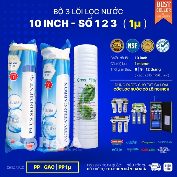 Bộ Lọc Thô 3 Cốc AQUAYAKI 10 inch - Lọc Nước Sinh Hoạt, Đầu Nguồn - Hàng Chính Hãng