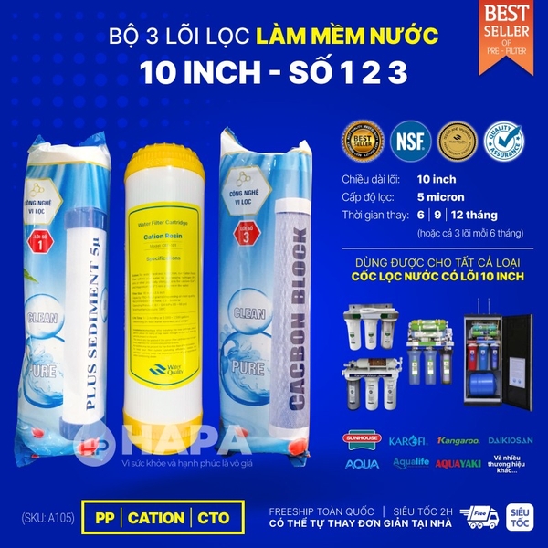 Bộ Lọc Thô 3 Cốc AQUAYAKI 10 inch - Lọc Nước Sinh Hoạt, Đầu Nguồn - Hàng Chính Hãng