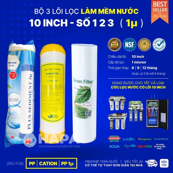Bộ Lõi Lọc Nước 10 inch Làm Mềm Nước Số 1-2-3, Cho Mọi Dòng Máy RO