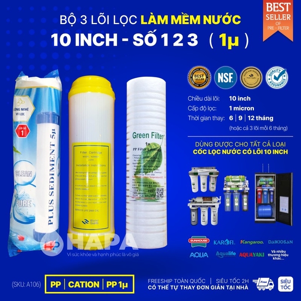 Bộ Lõi Lọc Nước 10 inch Làm Mềm Nước Số 1-2-3, Cho Mọi Dòng Máy RO