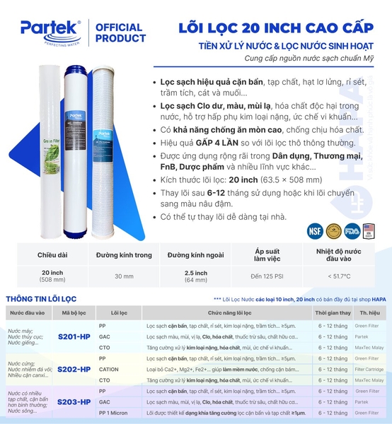 Bộ 3 Lõi Lọc Nước 20 inch Số 1 2 3 Cao Cấp - Hàng Nhập Khẩu