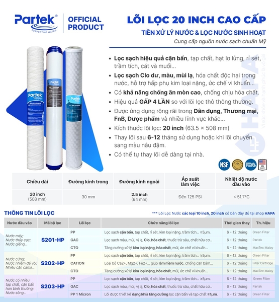 Bộ 3 Lõi Lọc Nước 20 inch Số 1 2 3 Cao Cấp - Hàng Nhập Khẩu