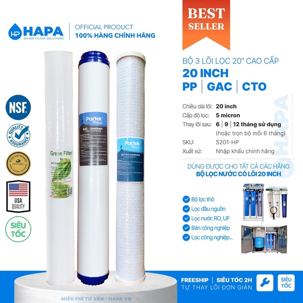 Lõi Lọc Than Hoạt Tính 20 inch PARTEK P20-CTO CB2520 Carbon Block Cao Cấp - Hàng Chính Hãng