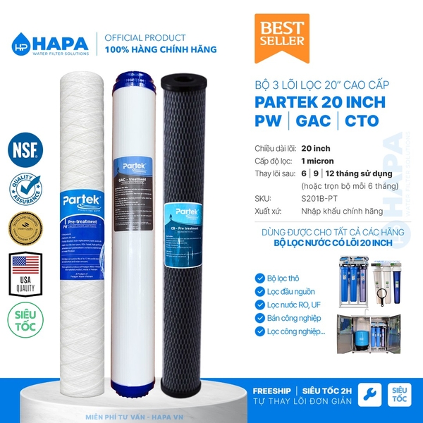 Lõi Lọc Than Hoạt Tính 20 inch PARTEK P20-CTO CB2520 Carbon Block Cao Cấp (Màu Đen)