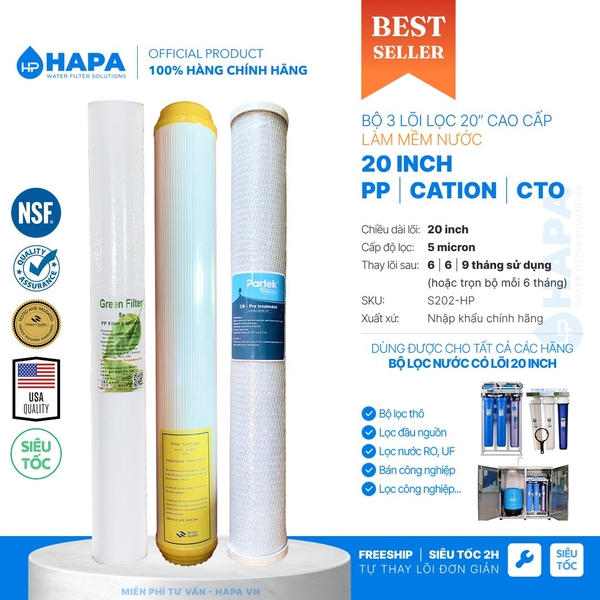 Bộ 3 Lõi Lọc 20 inch Làm Mềm Nước, Lọc Cặn Canxi, Cho Mọi Dòng Máy RO