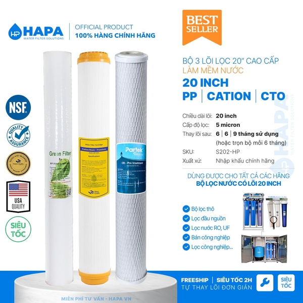 Bộ Lọc Thô 3 Cốc AQUAYAKI 20 inch Lọc Nước Đầu Nguồn, Sinh Hoạt - Hàng Chính Hãng