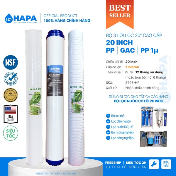 Bộ 3 Lõi Lọc Nước Bán Công Nghiệp 20 inch 1 micron - Dùng Cho Mọi Dòng Máy Lọc Nước