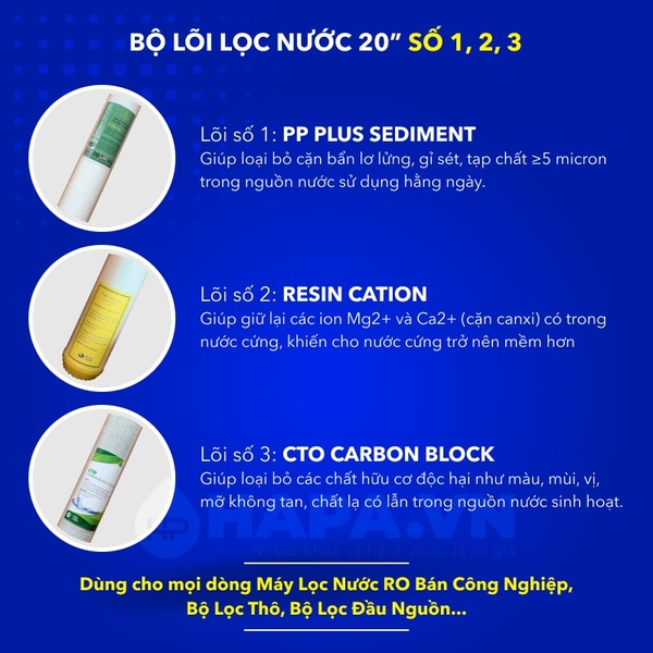 Bộ 3 Lõi Lọc 20 inch Làm Mềm Nước, Lọc Cặn Canxi, Cho Mọi Dòng Máy RO