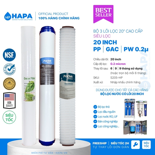 Bộ Lọc Thô 3 Cốc AQUAYAKI 20 inch Lọc Nước Đầu Nguồn, Sinh Hoạt - Hàng Chính Hãng