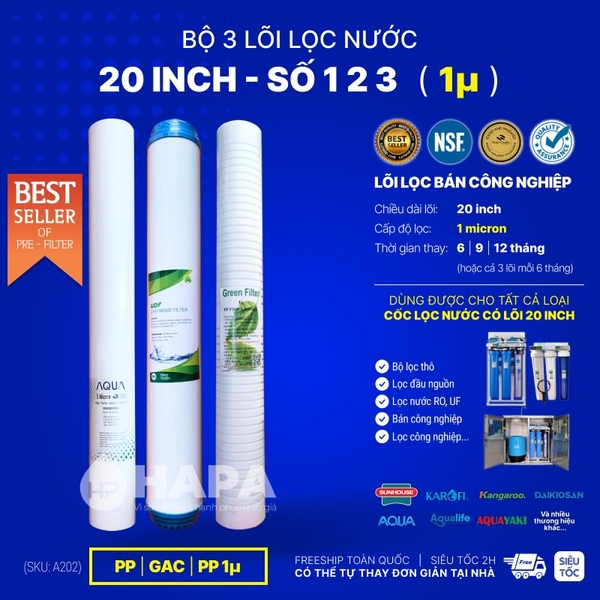 Bộ 3 Lõi Lọc Nước Bán Công Nghiệp 20 inch 1 micron - Dùng Cho Mọi Dòng Máy Lọc Nước