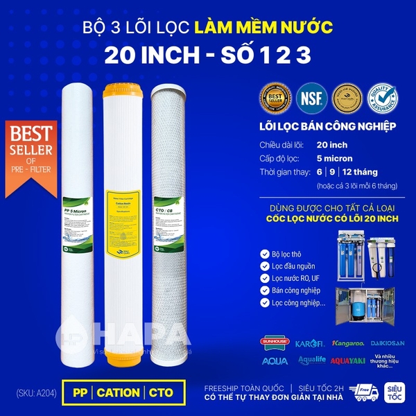 Bộ Lọc Thô 3 Cốc AQUAYAKI 20 inch Lọc Nước Đầu Nguồn, Sinh Hoạt - Hàng Chính Hãng