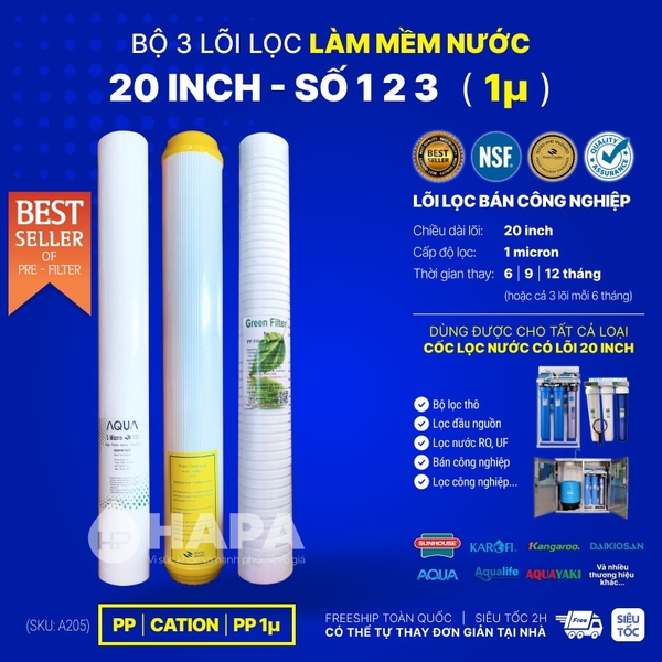 Bộ 3 Lõi Lọc Nước Bán Công Nghiệp 20 inch 1 micron - Dùng Cho Mọi Dòng Máy Lọc Nước