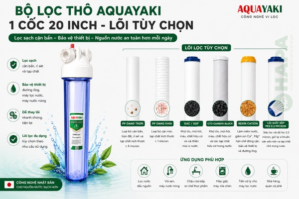 Bộ Lọc Thô 1 Cốc AQUAYAKI 20 inch - Xử lý cặn bẩn nước đầu vào, Bảo vệ lọc tinh