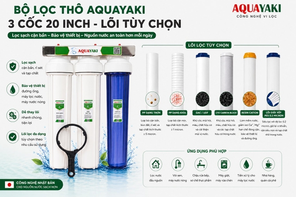 Bộ Lọc Thô 3 Cốc AQUAYAKI 20 inch Lọc Nước Đầu Nguồn, Sinh Hoạt