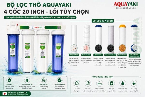 Bộ Lọc Thô 4 Cốc AQUAYAKI AQUA-S204 Series 20 inch Lọc Nước Đầu Nguồn cho Gia đình, Nhà hàng, Quán cà phê