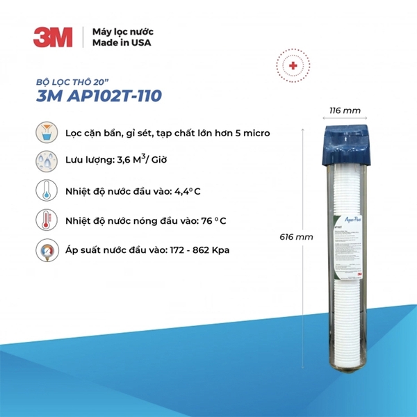 Thông số kỹ thuật Bộ Lọc Thô 20 inch 3M AP102T-110 Kèm Lõi, Lưu Lượng 3.6 m³/h - Hàng Chính Hãng, Nhập Khẩu Mỹ