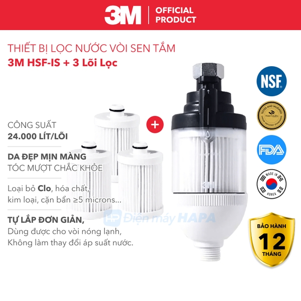 Combo Thiết Bị Lọc Nước Vòi Sen Nhà Tắm 3M HSF-IS + Kèm 3 Lõi Lọc