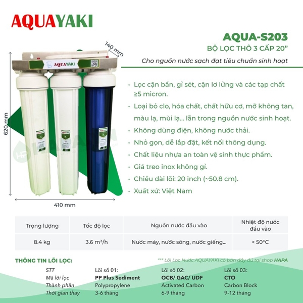 Bộ Lọc Thô 3 Cốc AQUAYAKI 20 inch Lọc Nước Đầu Nguồn, Sinh Hoạt