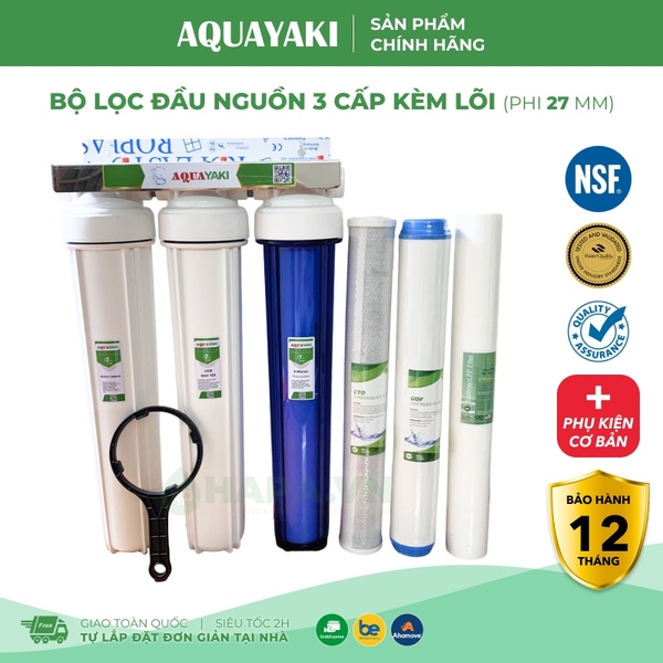 Bộ Lọc Thô 3 Cốc AQUAYAKI 20 inch Lọc Nước Đầu Nguồn, Sinh Hoạt