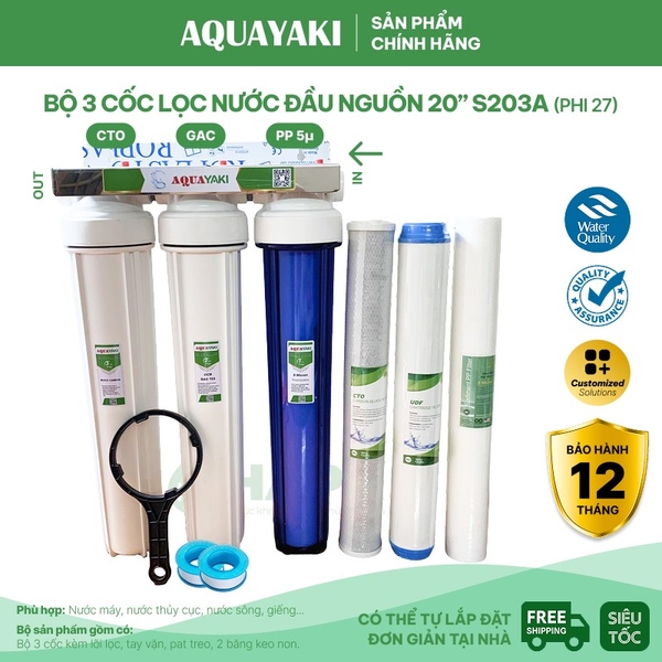 Bộ Lọc Thô 3 Cốc AQUAYAKI 20 inch Lọc Nước Đầu Nguồn, Sinh Hoạt