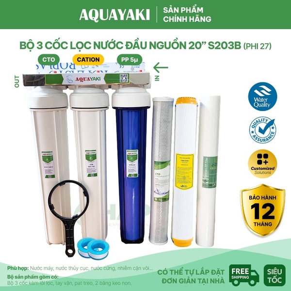 Bộ Lọc Thô 3 Cốc AQUAYAKI 20 inch Lọc Nước Đầu Nguồn, Sinh Hoạt