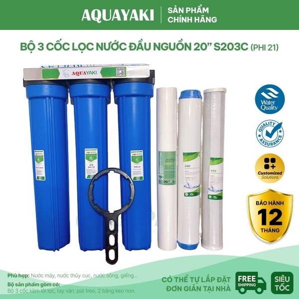 Bộ Lọc Thô 3 Cốc AQUAYAKI 20 inch Lọc Nước Đầu Nguồn, Sinh Hoạt