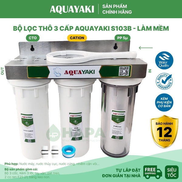 Bộ Lọc Thô 3 Cốc AQUAYAKI 10 inch - Lọc Nước Sinh Hoạt, Đầu Nguồn - Hàng Chính Hãng