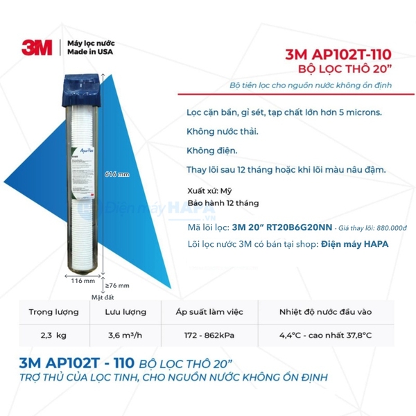 Thông số kỹ thuật Bộ Lọc Thô 20 inch 3M AP102T-110 Kèm Lõi, Lưu Lượng 3.6 m³/h - Hàng Chính Hãng, Nhập Khẩu Mỹ