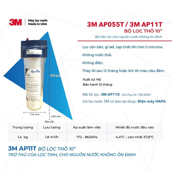 Bộ Lọc Thô 3M AP055T / AP11T Kèm Lõi 10 inch - Nhập Khẩu Mỹ